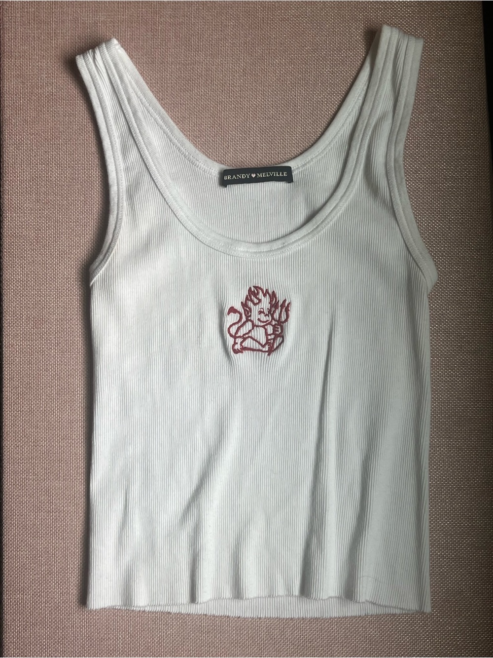 Brandy Melville White Ribbed Tank with Devil Embroidery